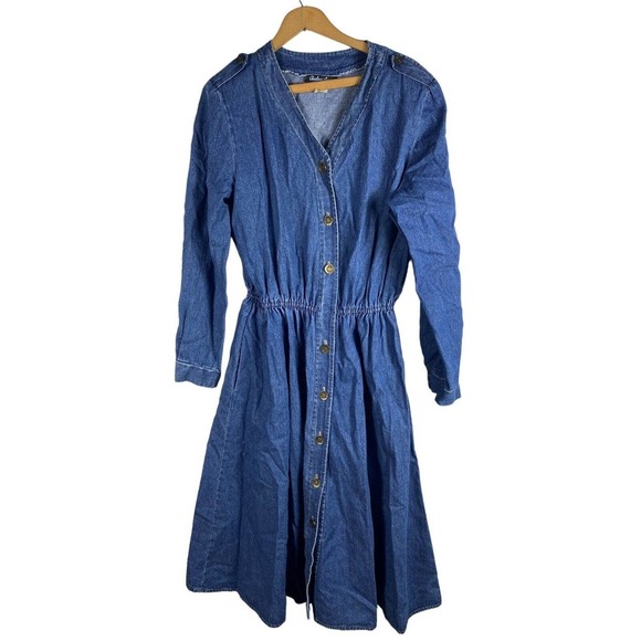 Vintage Denim Jean Shirt Dress 14 USA Made Button Down Midi Western Rockabilly - Picture 1 of 5